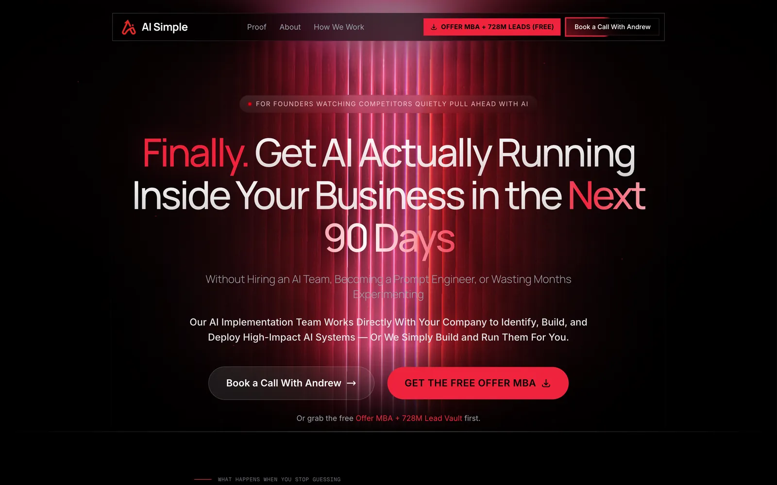 The AI Simple home page, a dark hero over a red light curtain.