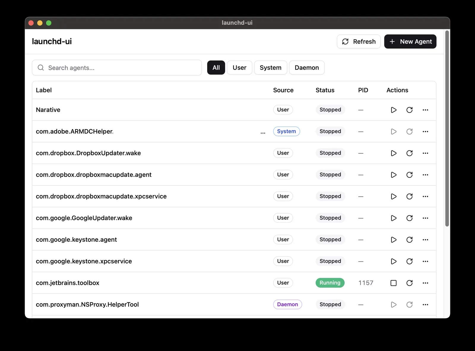 The Backstage macOS window listing background agents with their status and process IDs.