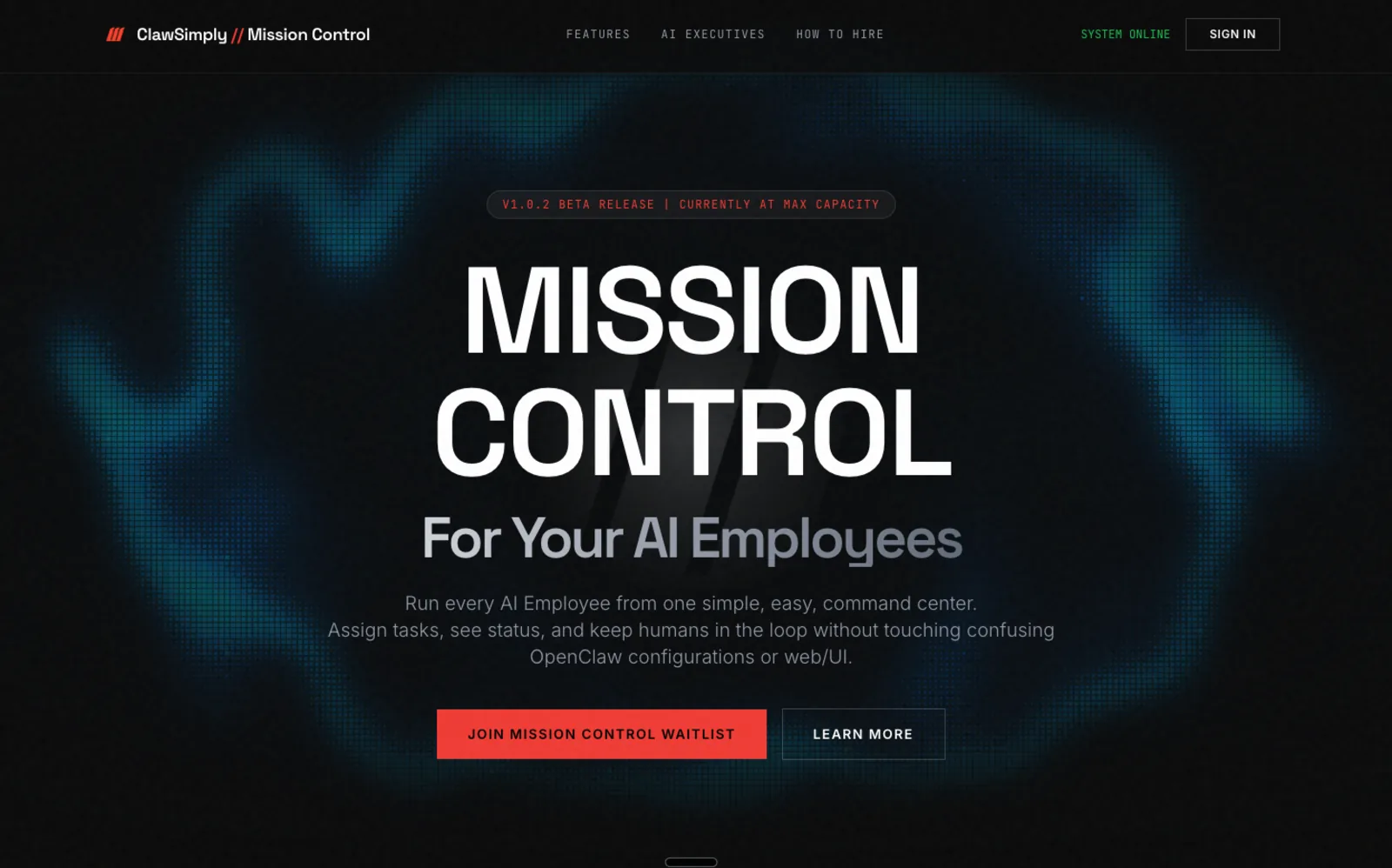 The ClawSimply Mission Control landing page on a dark ground.
