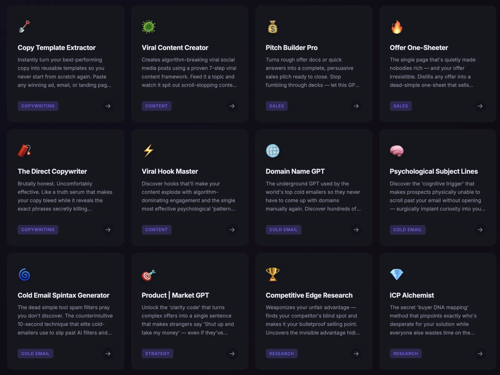 A grid of custom assistant cards grouped by copywriting, content, sales and research.