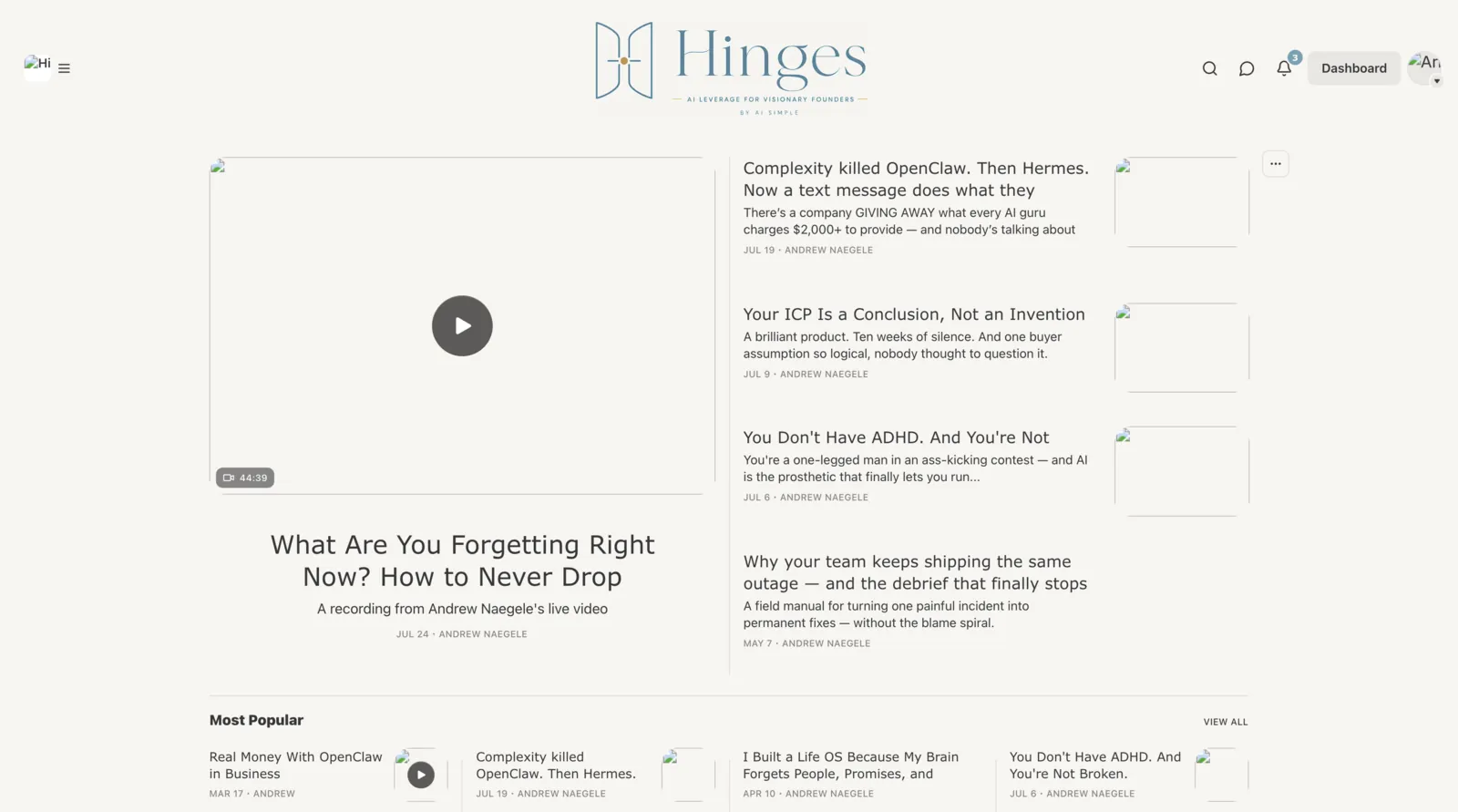 The Hinges publication home page with its wordmark and recent essays.