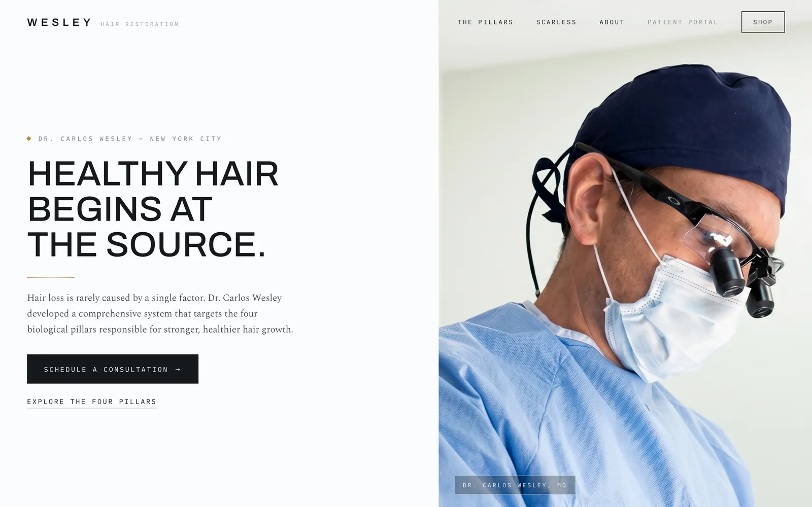 The Wesley Hair Restoration home page: “Healthy hair begins at the source” beside a portrait of the surgeon operating.